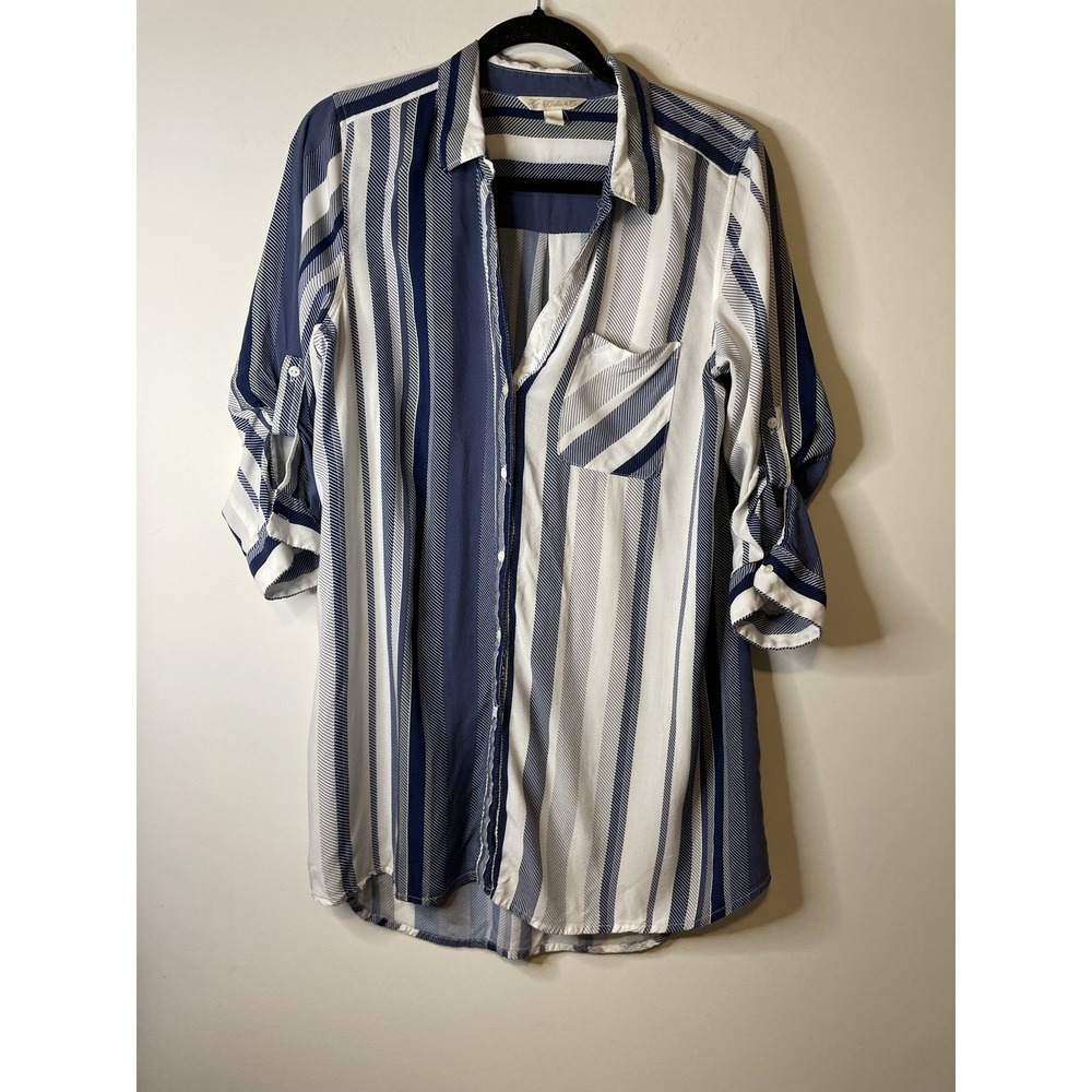KC Khakis & Co Tunic Top Women M Blue Striped Roll Tab 3/4 Sleeve Button Blouse